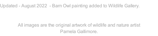 Updated - August 2022  - Barn Owl painting added to Wildlife Gallery.   All images are the original artwork of wildlife and nature artist  Pamela Gallimore.